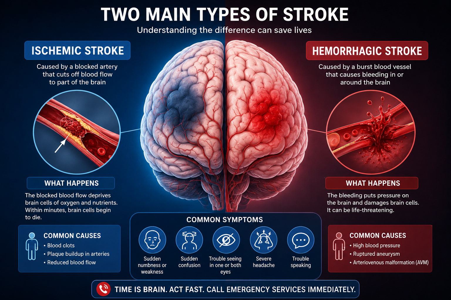 Diagram showing difference between ischemic stroke and hemorrhagic stroke in the brain