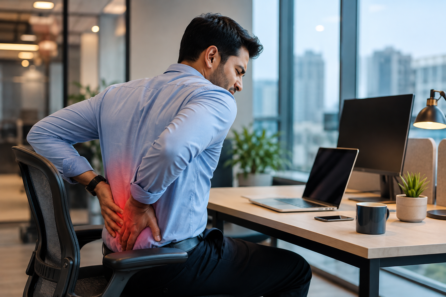 IT professional holding lower back in pain while working at office desk in Gurgaon